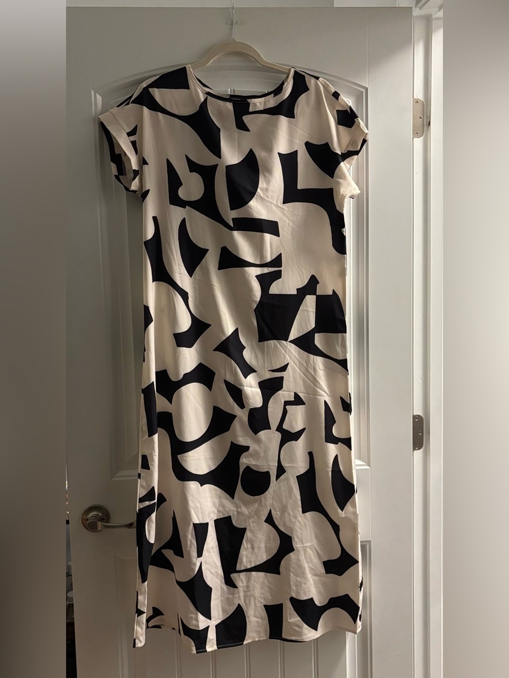 Abstract-Print Cap Sleeve Midi Dress in Cream and Black by Emery Rose